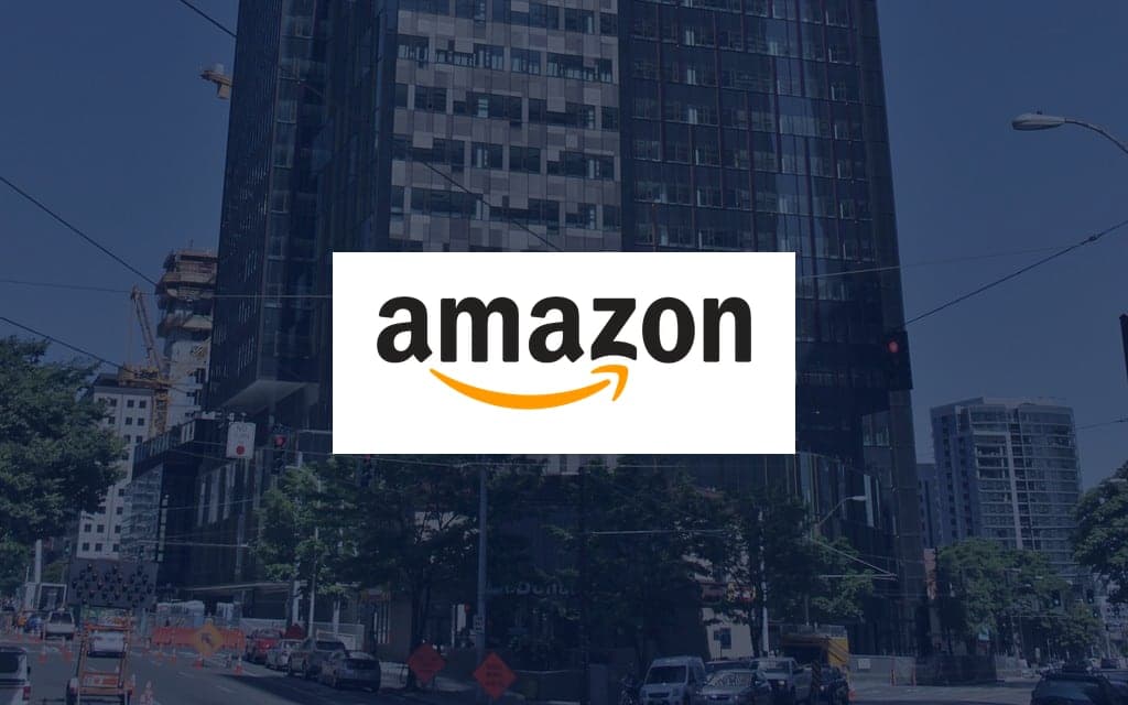 Amazon logo over a photo of the company