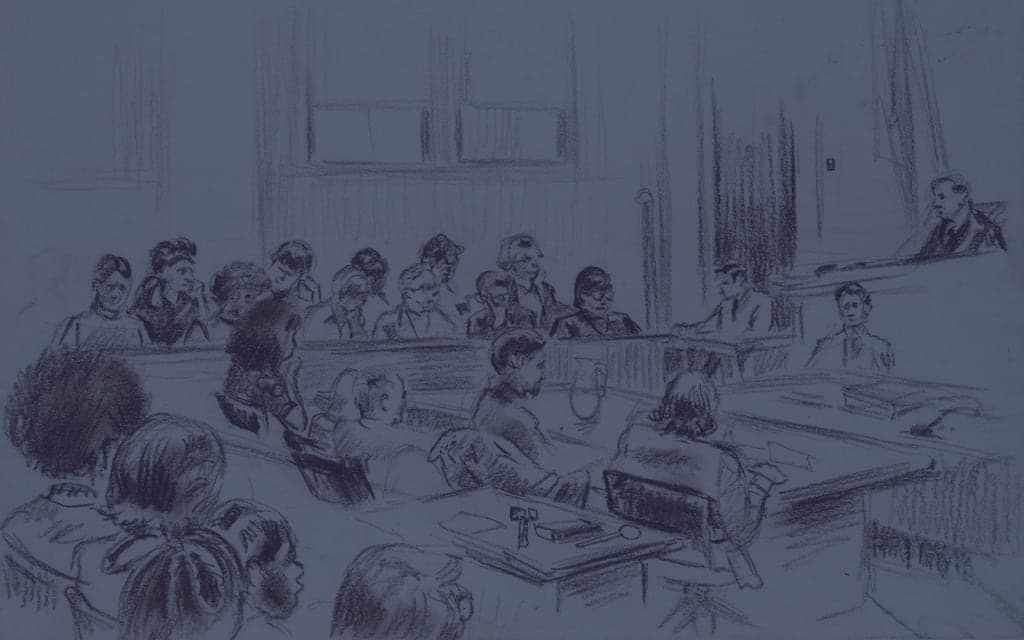 Courtroom sketch showing judges bench and defense table