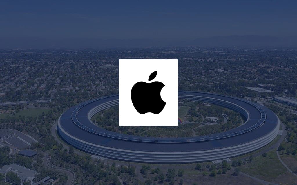 Apple logo over a photo of the company