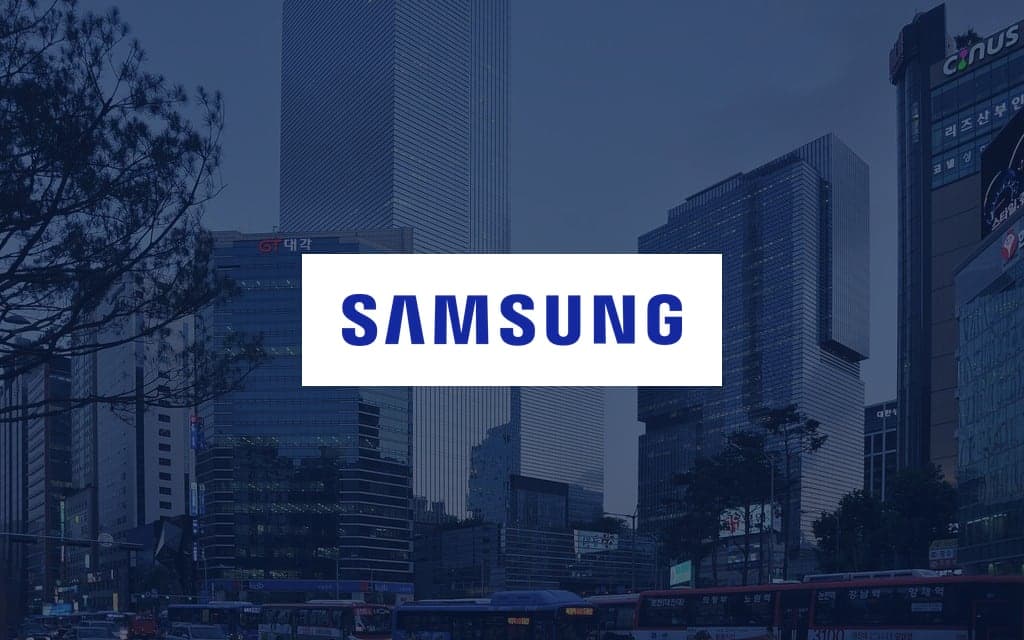 Samsung logo over a photo of the company